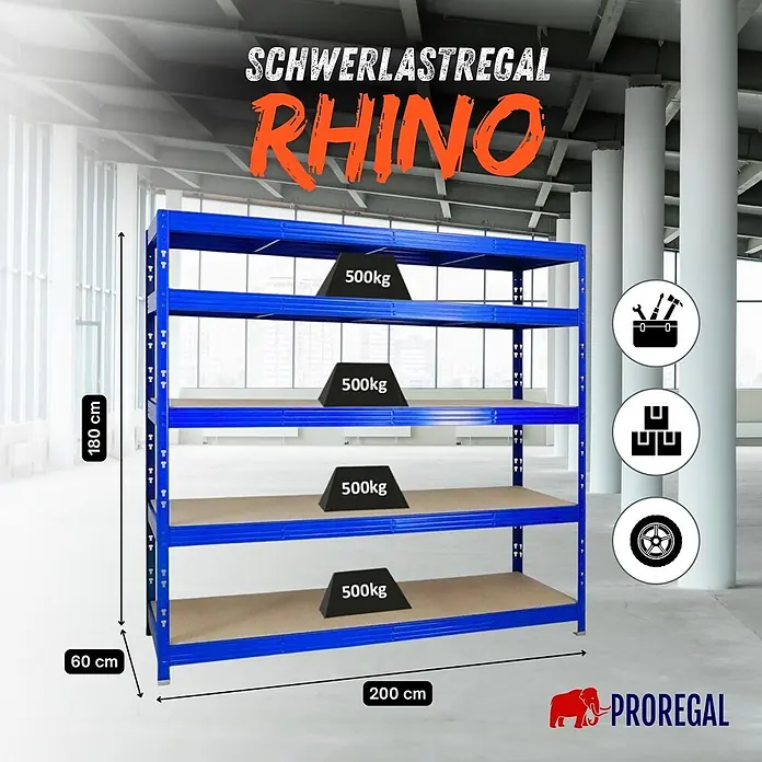 Proregal Schwerlastregal Profi RHINO - Traglast pro Boden: 500 kg, Anzahl Böden: 5 Stk., Stecken, Blau - Blaues RHINO Schwerlastregal (180x200x60cm) mit 4 Fachböden, je 500kg Tragkraft, in Lagerhalle.
