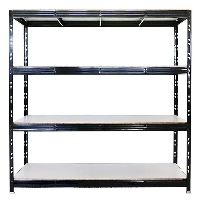 Proregal Schwerlastregal Profi RHINO - H x B x T: 200 x 200 x 60 cm, Traglast pro Boden: 500 kg, Anzahl Böden: 4 Stk., Stecken, Schwarz - Schwarzes Metall-Regal mit 4 hellen Holzablagen für Garage oder Abstellraum.