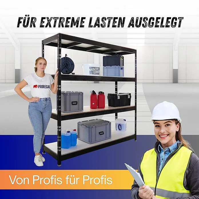 Proregal Schwerlastregal Profi RHINO - H x B x T: 200 x 200 x 60 cm, Traglast pro Boden: 500 kg, Anzahl Böden: 4 Stk., Stecken, Schwarz - Ein robustes schwarzes und Holzregal, gefüllt mit Gegenständen, ausgelegt für hohe Belastungen in professioneller Umgebung.