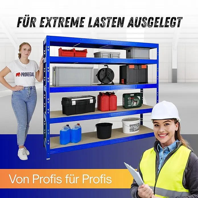 Proregal Schwerlastregal Profi RHINO - Traglast pro Boden: 500 kg, Anzahl Böden: 5 Stk., Stecken, Blau - Blaues Metallregal, gefüllt mit verschiedenen Gegenständen, präsentiert in einer Lagerumgebung mit zwei Frauen, Betonung der professionellen Nutzung und Belastbarkeit.