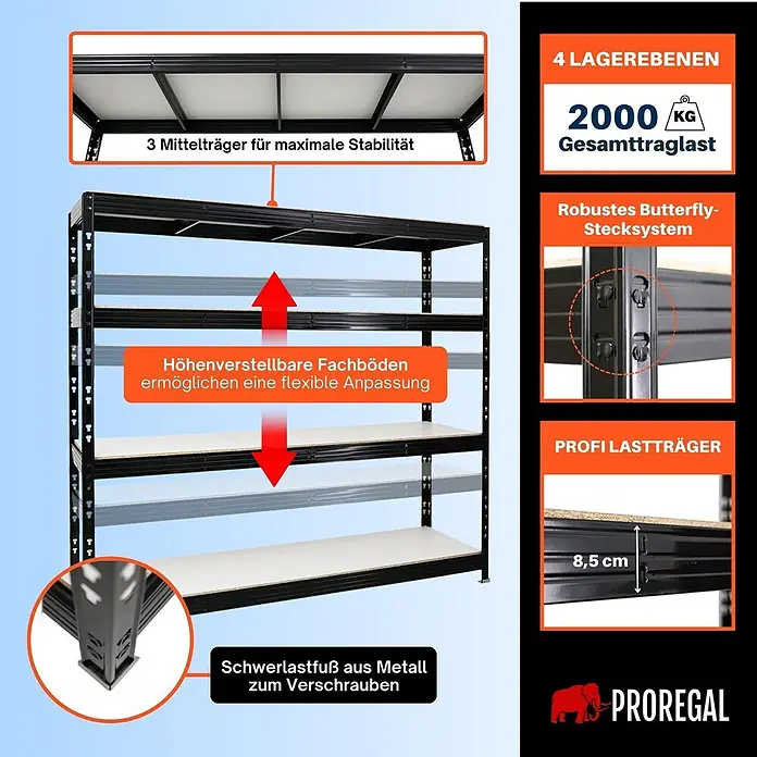 Proregal Schwerlastregal Profi RHINO - H x B x T: 200 x 200 x 60 cm, Traglast pro Boden: 500 kg, Anzahl Böden: 4 Stk., Stecken, Schwarz - Schwarzes Schwerlastregal aus Metall mit 4 verstellbaren Ebenen, 2000 kg Gesamtlast und robustem Stecksystem.