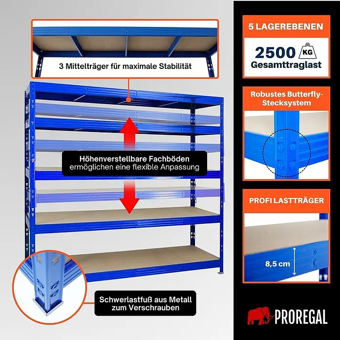 Proregal Schwerlastregal Profi RHINO - Traglast pro Boden: 500 kg, Anzahl Böden: 5 Stk., Stecken, Blau - Blaues Metall-Schwerlastregal mit 5 verstellbaren Ebenen, 2500 kg Gesamttraglast und robustem Butterfly-Stecksystem.