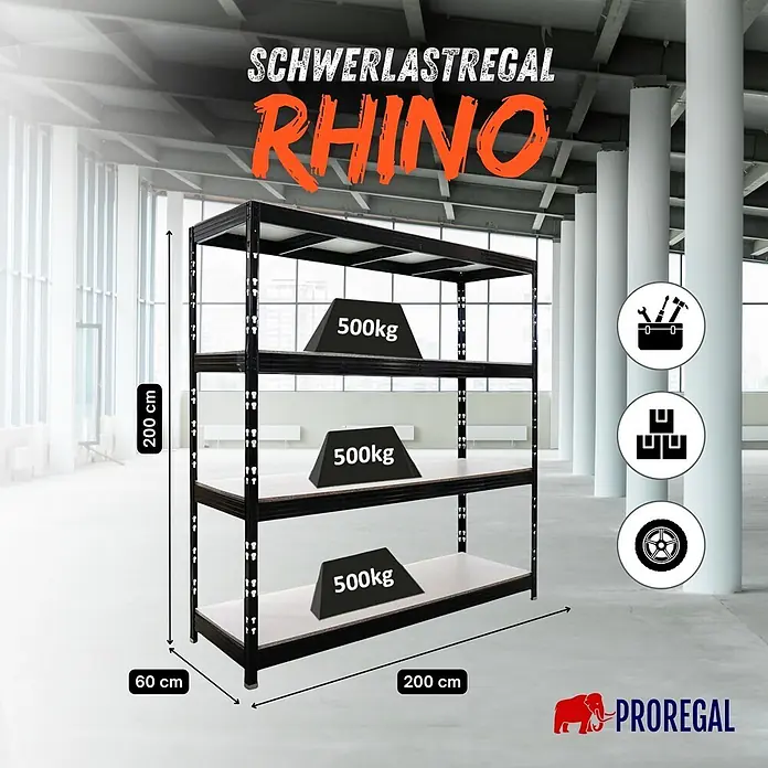 Proregal Schwerlastregal Profi RHINO - H x B x T: 200 x 200 x 60 cm, Traglast pro Boden: 500 kg, Anzahl Böden: 4 Stk., Stecken, Schwarz - Schwarzes Schwerlastregal aus Metall mit Holzböden, 200x200x60cm, trägt 500kg pro Boden. Ideal für Lagerhaltung.