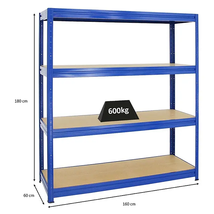 Proregal Schwerlastregal DINO - Traglast pro Boden: 600 kg, Anzahl Böden: 4 Stk., Stecken, Blau - Blaues Schwerlast-Metallregal mit 4 Holzregalböden, 180x160x60 cm, 600kg Traglast.