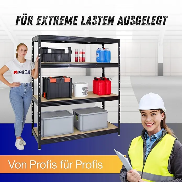 Proregal Schwerlastregal Profi RHINO - H x B x T: 180 x 160 x 60 cm, Traglast pro Boden: 500 kg, Anzahl Böden: 4 Stk., Stecken, Schwarz - Schwerlast-Regal aus schwarzem Metall mit Holzablagen in Profi-Umgebung, beladen mit Werkzeugen.