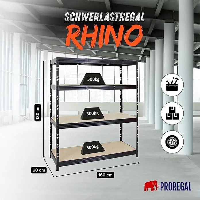 Proregal Schwerlastregal Profi RHINO - H x B x T: 180 x 160 x 60 cm, Traglast pro Boden: 500 kg, Anzahl Böden: 4 Stk., Stecken, Schwarz - Schwarzes Schwerlastregal mit 4 holzfarbenen Böden, 180x160x60cm, 500kg Traglast pro Boden, in Lagerhalle.