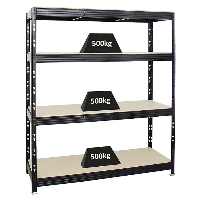 Proregal Schwerlastregal Profi RHINO - H x B x T: 180 x 160 x 60 cm, Traglast pro Boden: 500 kg, Anzahl Böden: 4 Stk., Stecken, Schwarz - Schwerlastregal aus schwarzem Metall mit vier Holzablagen, jede mit 500kg Belastung.