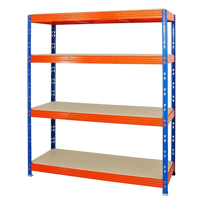Proregal Schwerlastregal Profi RHINO - Traglast pro Boden: 500 kg, Anzahl Böden: 4 Stk., Stecken, Blau - Vierstöckiges Lagerregal mit blauen Metallständern, orangefarbenen Querbalken und hellbraunen Holzablagen.