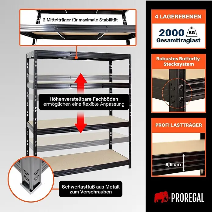 Proregal Schwerlastregal Profi RHINO - H x B x T: 180 x 160 x 60 cm, Traglast pro Boden: 500 kg, Anzahl Böden: 4 Stk., Stecken, Schwarz - Schwarzes Metall-Schwerlastregal mit 4 verstellbaren Holzfachböden und 2000kg Traglast.