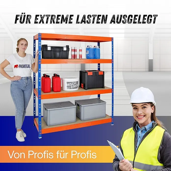 Proregal Schwerlastregal Profi RHINO - Traglast pro Boden: 500 kg, Anzahl Böden: 4 Stk., Stecken, Blau - Schwerlastregal in Orange und Blau, für extreme Lasten in professioneller Umgebung konzipiert.