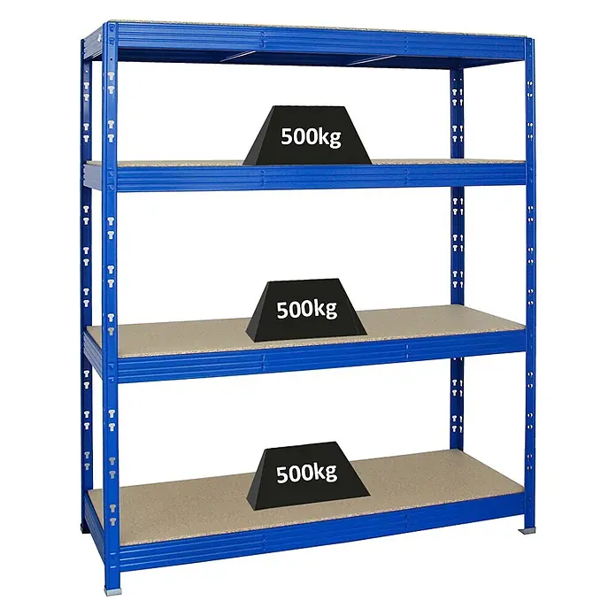 Proregal Schwerlastregal Profi RHINO - Traglast pro Boden: 500 kg, Anzahl Böden: 4 Stk., Stecken, Blau - Blaues Metallregal mit 4 Holzspanplattenböden, jeder mit 500kg belastet.