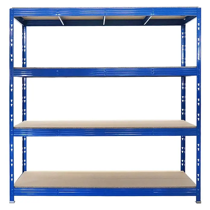 Profi Schwerlastregal Rhino | HxBxT 200x200x60cm | 4 Spanplatten-Ebenen 16mm | Fachlast 500kg | Blau -  - Blaues Metallregal mit vier Holzböden.