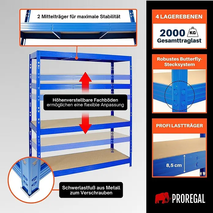 Proregal Schwerlastregal Profi RHINO - Traglast pro Boden: 500 kg, Anzahl Böden: 4 Stk., Stecken, Blau - Blaues Schwerlastregal aus Metall mit 4 verstellbaren Fachböden und einer Gesamttraglast von 2000 kg.
