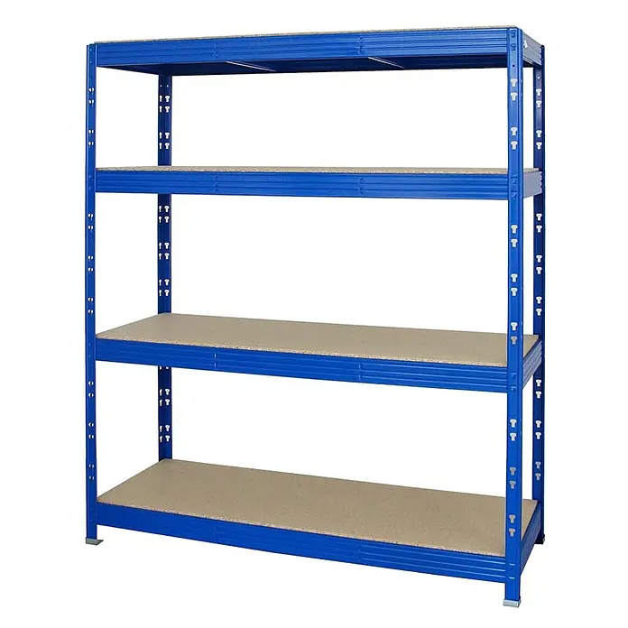 Proregal Schwerlastregal Profi RHINO - Traglast pro Boden: 500 kg, Anzahl Böden: 4 Stk., Stecken, Blau - Blaues Metall-Lagerregal mit vier beigen MDF-Böden.