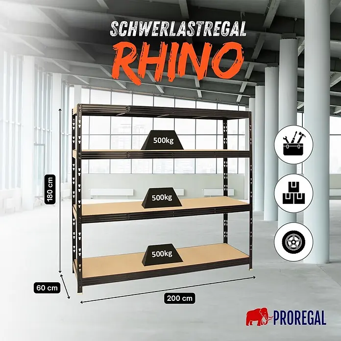 Proregal Schwerlastregal Profi RHINO - Traglast pro Boden: 500 kg, Anzahl Böden: 4 Stk., Stecken, Schwarz - Schwarzes Schwerlastregal RHINO (180x200x60cm) aus Metall mit 3 Holzablagen, je 500kg Traglast, im Lager.