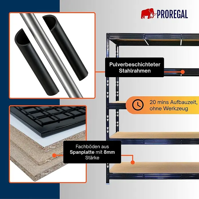 Proregal Schwerlastregal Profi RHINO - Traglast pro Boden: 500 kg, Anzahl Böden: 5 Stk., Stecken, Schwarz - Regalsystem mit pulverbeschichtetem Stahlrahmen, 8mm Spanplattenböden. Aufbau in 20 Minuten ohne Werkzeug.