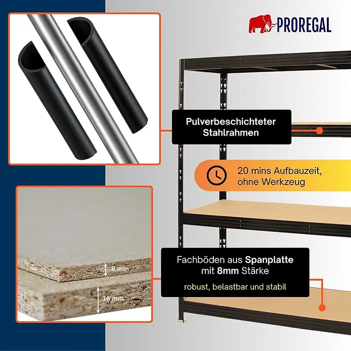 Proregal Schwerlastregal Profi RHINO - Traglast pro Boden: 500 kg, Anzahl Böden: 4 Stk., Stecken, Schwarz - Schwarzes Regal mit pulverbeschichtetem Stahlrahmen und 8mm Spanplattenböden, werkzeuglos in 20 Min. montierbar.