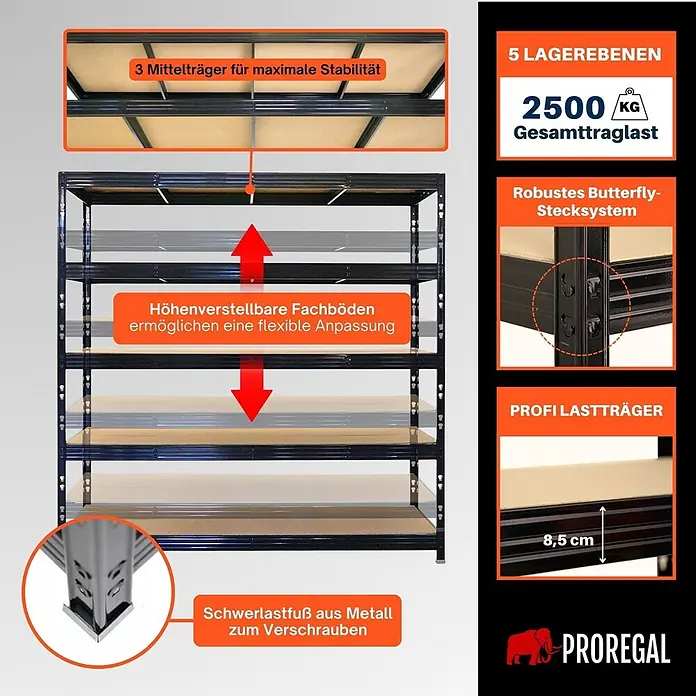 Proregal Schwerlastregal Profi RHINO - Traglast pro Boden: 500 kg, Anzahl Böden: 5 Stk., Stecken, Schwarz - Schwarzes Schwerlastregal aus Metall mit 5 verstellbaren Holzablagen, 2500 kg Gesamttraglast und professionellen Trägern.