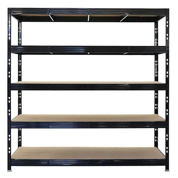 Proregal Schwerlastregal Profi RHINO - Traglast pro Boden: 500 kg, Anzahl Böden: 5 Stk., Stecken, Schwarz - Schwarzes Metallregal mit fünf Ebenen und hellbraunen Holzablagen.