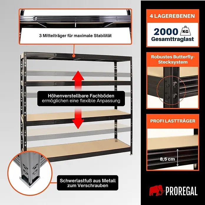 Proregal Schwerlastregal Profi RHINO - Traglast pro Boden: 500 kg, Anzahl Böden: 4 Stk., Stecken, Schwarz - Schwarzmetallenes Schwerlastregal mit vier verstellbaren Fachböden, robuster Konstruktion und 2000 kg Gesamttraglast.