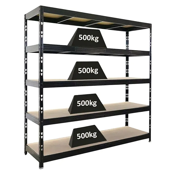 Proregal Schwerlastregal Profi RHINO - Traglast pro Boden: 500 kg, Anzahl Böden: 5 Stk., Stecken, Schwarz - Schwarzes Metallregal mit 4 verstellbaren Böden, jeweils für 500kg Traglast.
