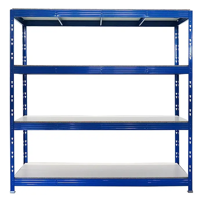 Set Deal 3x Profi Schwerlastregal Rhino 200x200x60cm 4 Böden 500kg Blau -  - Blaues Metallregal mit mehreren hellen Ablagen zur Lagerung.