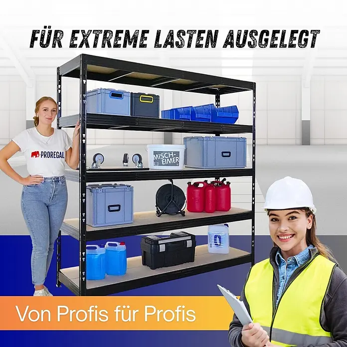 Proregal Schwerlastregal Profi RHINO - Traglast pro Boden: 500 kg, Anzahl Böden: 5 Stk., Stecken, Schwarz - Robustes schwarzes Schwerlastregal aus Metall mit Holzregalböden, ideal für professionelle Lagerung, in einer Lagerhalle.