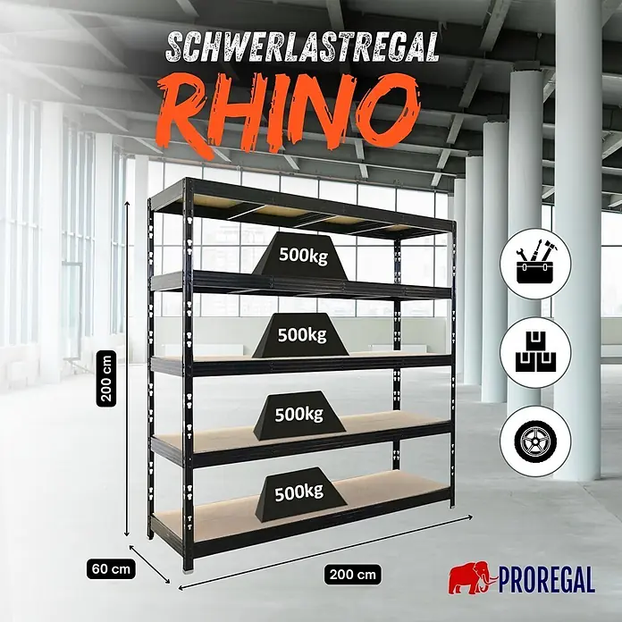 Proregal Schwerlastregal Profi RHINO - Traglast pro Boden: 500 kg, Anzahl Böden: 5 Stk., Stecken, Schwarz - Schwarzes Schwerlastregal (Rhino) im Lager, 200x200x60cm, 5 Böden tragen je 500kg für Werkzeuge, Kisten, Reifen.