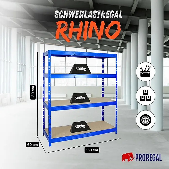 Proregal Schwerlastregal Profi RHINO - Traglast pro Boden: 500 kg, Anzahl Böden: 4 Stk., Stecken, Blau - Blaues Schwerlastregal (180x160x60cm) mit 500kg Traglast pro Boden, geeignet für Lager und Industrie.