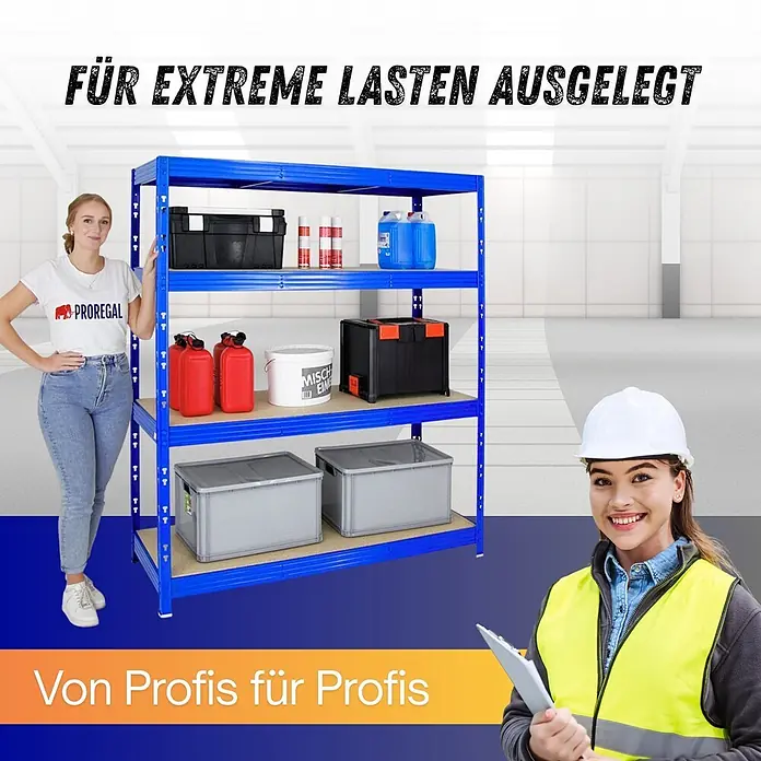 Proregal Schwerlastregal Profi RHINO - Traglast pro Boden: 500 kg, Anzahl Böden: 4 Stk., Stecken, Blau - Blaues Metallregal, robust und für extreme Lasten ausgelegt, gefüllt mit Lagerboxen in einer Lagerhalle.