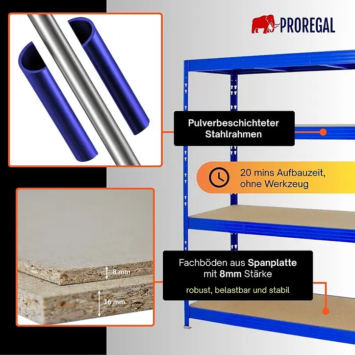 Proregal Schwerlastregal Profi RHINO - Traglast pro Boden: 500 kg, Anzahl Böden: 4 Stk., Stecken, Blau - Blaues pulverbeschichtetes Stahlregal mit 8mm Spanplattenböden. Robust, stabil und werkzeugloser Aufbau in 20 Minuten.