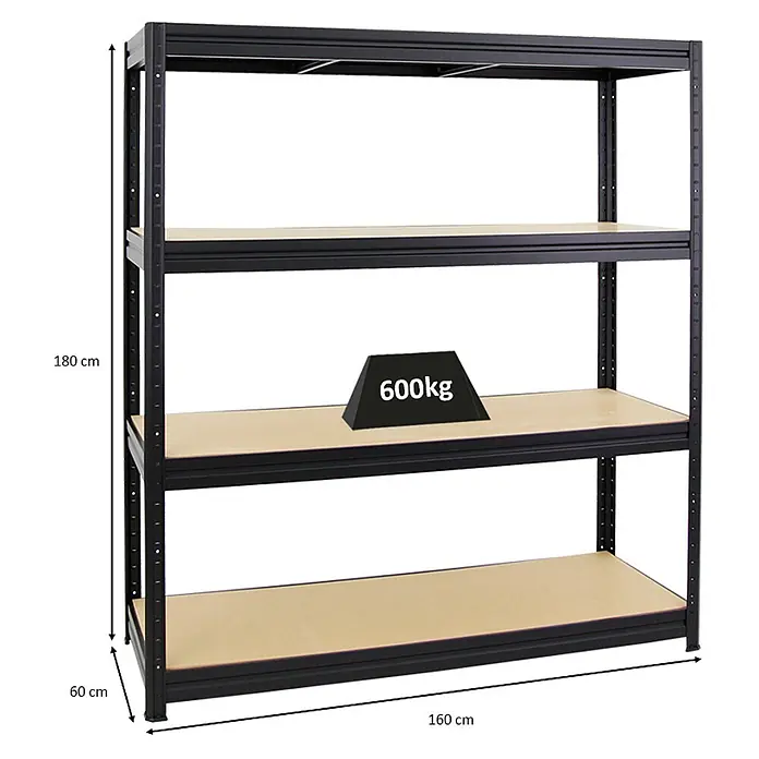Proregal Schwerlastregal DINO - H x B x T: 180 x 160 x 60 cm, Traglast pro Boden: 600 kg, Anzahl Böden: 4 Stk., Stecken, Schwarz - Schwarzes Metallregal mit 4 hellen Holzablagen, 180x160x60 cm, 600kg Tragkraft.