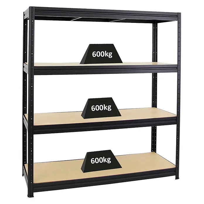 Proregal Schwerlastregal DINO - H x B x T: 180 x 160 x 60 cm, Traglast pro Boden: 600 kg, Anzahl Böden: 4 Stk., Stecken, Schwarz - Schwarzes Metallregal mit 3 Holzablagen, jede trägt 600kg.