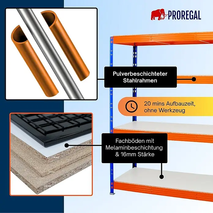 Proregal Schwerlastregal Profi RHINO - Traglast pro Boden: 500 kg, Anzahl Böden: 4 Stk., Stecken, Blau - Blau-orange pulverbeschichtetes Stahlregal mit 16mm melaminbeschichteten Fachböden und 20 Minuten werkzeugloser Montage.