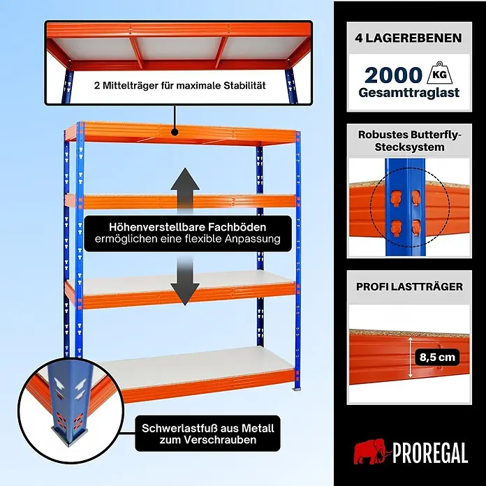 Proregal Schwerlastregal Profi RHINO - Traglast pro Boden: 500 kg, Anzahl Böden: 4 Stk., Stecken, Blau - Schwerlastregal mit blauen Ständern, orangefarbenen Traversen und 4 verstellbaren Böden, 2000 kg Gesamttraglast.
