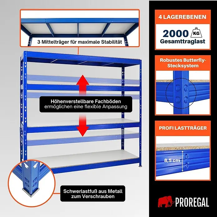 Proregal Schwerlastregal Profi RHINO - Traglast pro Boden: 500 kg, Anzahl Böden: 4 Stk., Stecken, Blau - Blaues Schwerlastregal mit 4 höhenverstellbaren Ebenen, robustem Butterfly-Stecksystem und 2000 kg Gesamttraglast.