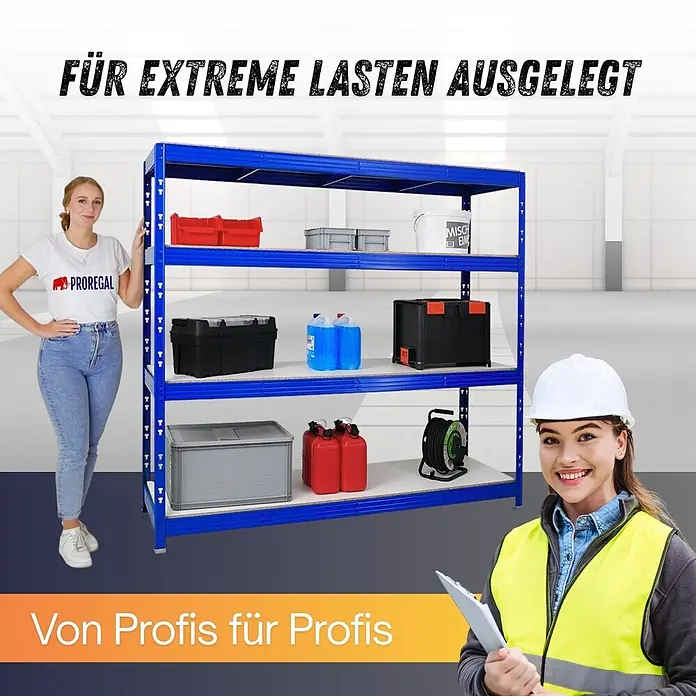 Proregal Schwerlastregal Profi RHINO - Traglast pro Boden: 500 kg, Anzahl Böden: 4 Stk., Stecken, Blau - Blaues Metallregal für hohe Belastungen in einem Lager, mit zwei Frauen und verschiedenen Artikeln auf den Regalböden.