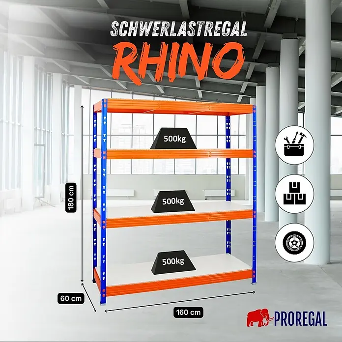 Proregal Schwerlastregal Profi RHINO - Traglast pro Boden: 500 kg, Anzahl Böden: 4 Stk., Stecken, Blau - Blau-orange Schwerlastregal "Rhino", 180x160x60cm, mit 3 Böden und 500kg Tragkraft pro Boden.