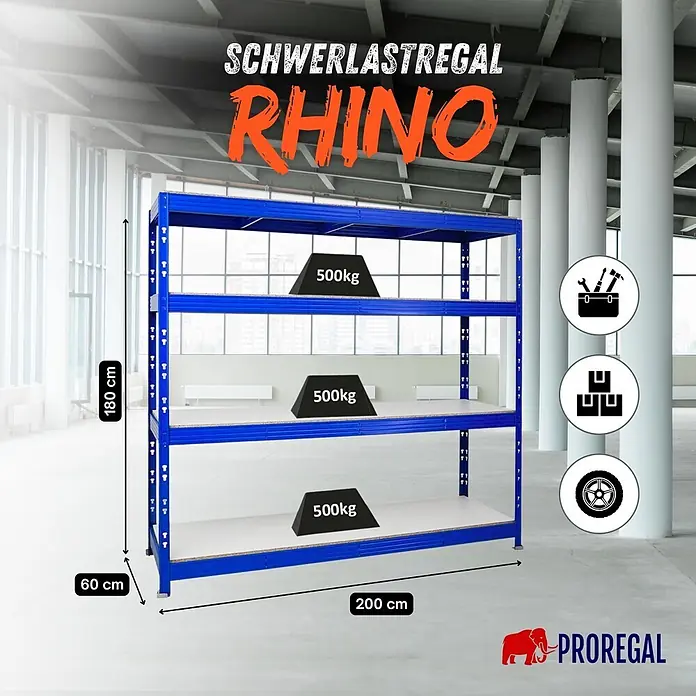 Proregal Schwerlastregal Profi RHINO - Traglast pro Boden: 500 kg, Anzahl Böden: 4 Stk., Stecken, Blau - Blaues PROREGAL Rhino Schwerlastregal (180x200x60cm) mit 3 Böden, jeder 500kg tragend, in einem modernen Lager.