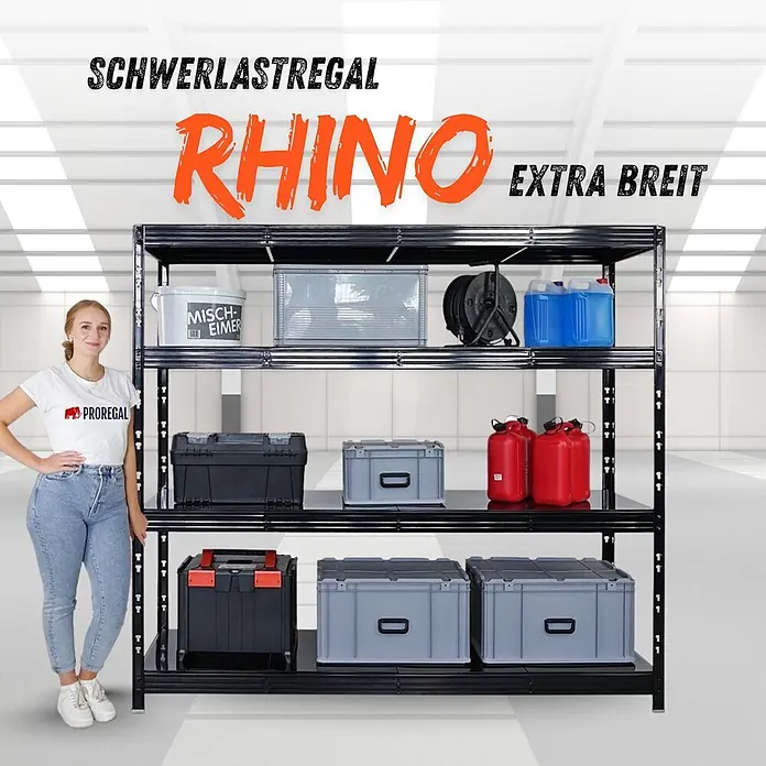 Proregal Schwerlastregal Profi RHINO - Traglast pro Boden: 500 kg, Anzahl Böden: 4 Stk., Stecken, Schwarz - Schwarzes, extra breites Schwerlastregal mit mehreren Ablagen, ideal für Lagerzwecke.