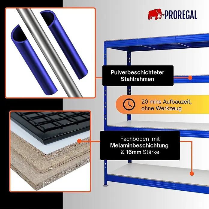 Proregal Schwerlastregal Profi RHINO - Traglast pro Boden: 500 kg, Anzahl Böden: 4 Stk., Stecken, Blau - Blaues pulverbeschichtetes Stahlregal mit 16mm starken, melaminbeschichteten Fachböden. 20 Min. werkzeuglose Montage.
