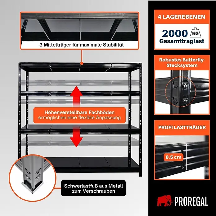 Proregal Schwerlastregal Profi RHINO - Traglast pro Boden: 500 kg, Anzahl Böden: 4 Stk., Stecken, Schwarz - Schwarzes Metallregal mit 4 höhenverstellbaren Fachböden und 2000 kg Gesamttraglast, robust gebaut mit Schwerlastfüßen.