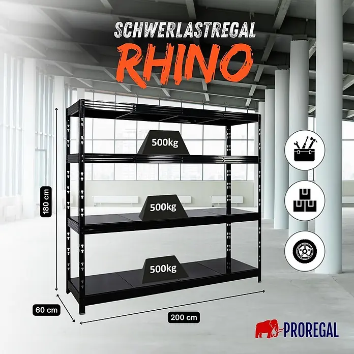 Proregal Schwerlastregal Profi RHINO - Traglast pro Boden: 500 kg, Anzahl Böden: 4 Stk., Stecken, Schwarz - Schwarzes PROREGAL RHINO Schwerlastregal aus Metall, 180x200x60 cm, 4 Böden, je 500kg Tragkraft, für robuste Lagerung.