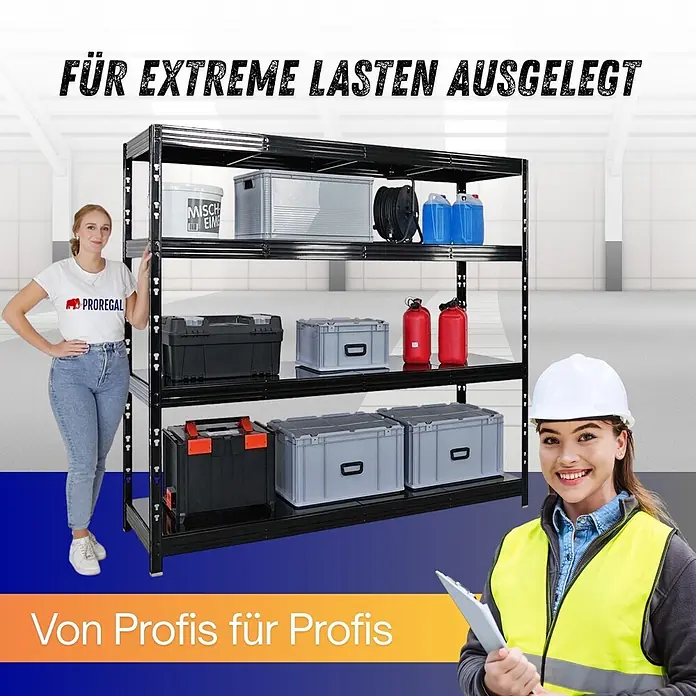 Proregal Schwerlastregal Profi RHINO - Traglast pro Boden: 500 kg, Anzahl Böden: 4 Stk., Stecken, Schwarz - Robustes schwarzes Schwerlastregal aus Metall für den professionellen Einsatz, gefüllt mit Lagerboxen und Behältern.