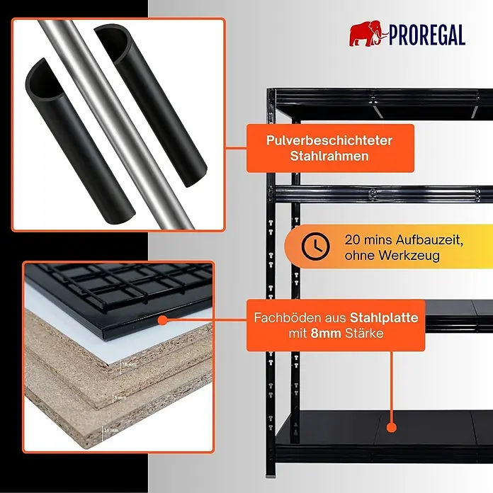 Proregal Schwerlastregal Profi RHINO - Traglast pro Boden: 500 kg, Anzahl Böden: 4 Stk., Stecken, Schwarz - Schwarzes Schwerlastregal mit pulverbeschichtetem Stahlrahmen und 8mm starken Stahlböden, werkzeuglos montierbar.