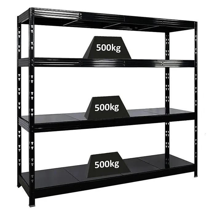 Proregal Schwerlastregal Profi RHINO - Traglast pro Boden: 500 kg, Anzahl Böden: 4 Stk., Stecken, Schwarz - Schwarzes Metallregal mit vier Böden, das eine Tragfähigkeit von 500 kg pro Boden zeigt.