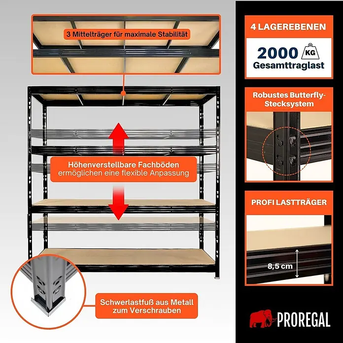 Proregal Schwerlastregal Profi RHINO - Traglast pro Boden: 500 kg, Anzahl Böden: 4 Stk., Stecken, Schwarz - Schwarzes Metall-Schwerlastregal mit verstellbaren Holzfachböden, robustem Butterfly-Stecksystem und 2000 kg Gesamttraglast.