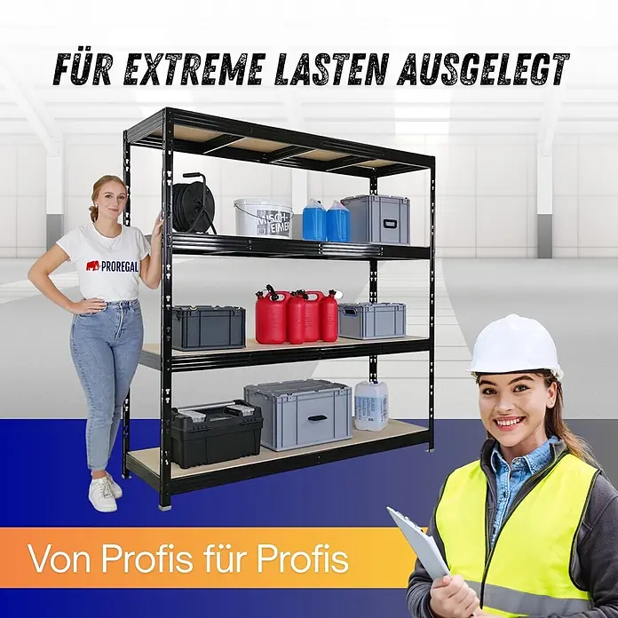 Proregal Schwerlastregal Profi RHINO - Traglast pro Boden: 500 kg, Anzahl Böden: 4 Stk., Stecken, Schwarz - Robustes schwarzes Metallregal mit vier Holzablagen, beladen mit Industriebedarf und Werkzeugen im Lager.