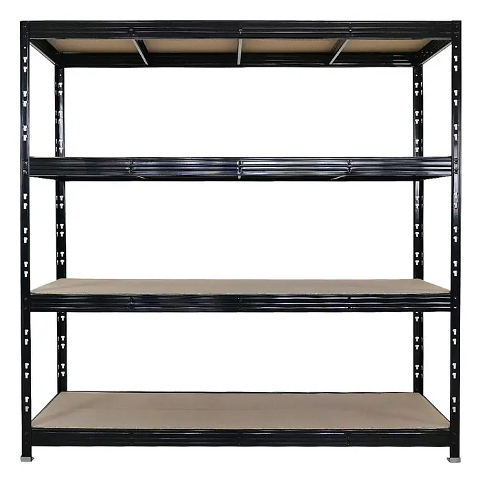 Proregal Schwerlastregal Profi RHINO - Traglast pro Boden: 500 kg, Anzahl Böden: 4 Stk., Stecken, Schwarz - Schwarzes 4-etagiges Metallregal mit hellbraunen Holzablagen. Stabiles und verstellbares Mehrzweckregal.