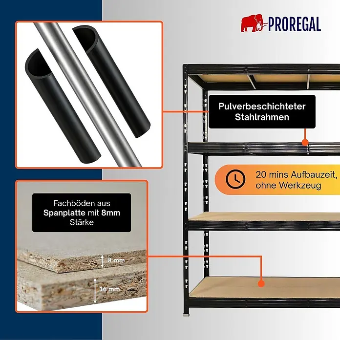 Proregal Schwerlastregal Profi RHINO - Traglast pro Boden: 500 kg, Anzahl Böden: 4 Stk., Stecken, Schwarz - Schwarzes, pulverbeschichtetes Stahlregal mit 8mm Spanplattenböden. Werkzeuglose Montage in 20 Minuten.